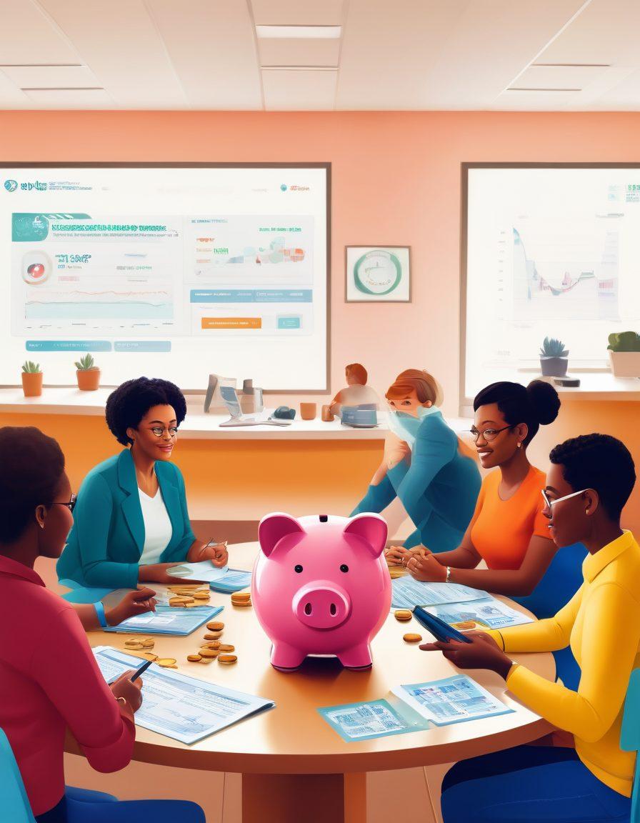 A diverse group of people sitting around a large table, engaging in lively discussions about budgeting and payday loans. Infographics of safe payday options are displayed on a screen in the background. A piggy bank filled with coins sits at the center, symbolizing savings. The room is bright and inviting, showcasing a blend of technology and finance education. modern illustration. vibrant colors. clean design.
