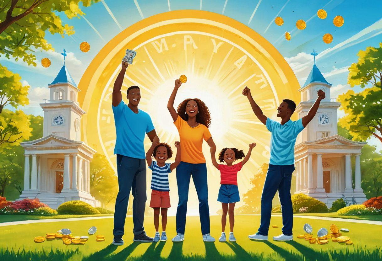 A vibrant illustration of a happy family celebrating financial freedom, surrounded by symbols of safe payday advances like a secure lock and stacks of coins. The background features a bright sun shining down on a peaceful park scene, emphasizing joy and security. Include people joyously interacting, with expressions of relief and excitement. super-realistic. vibrant colors. bright background.