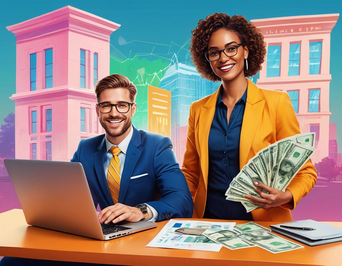 A confident individual reviewing a laptop displaying charts and financial plans, holding cash in one hand. Background shows a secure bank building and a smiling loan officer, symbolizing trust and support. Emphasize a blend of determination and optimism with vibrant colors. modern illustration. cheerful atmosphere.
